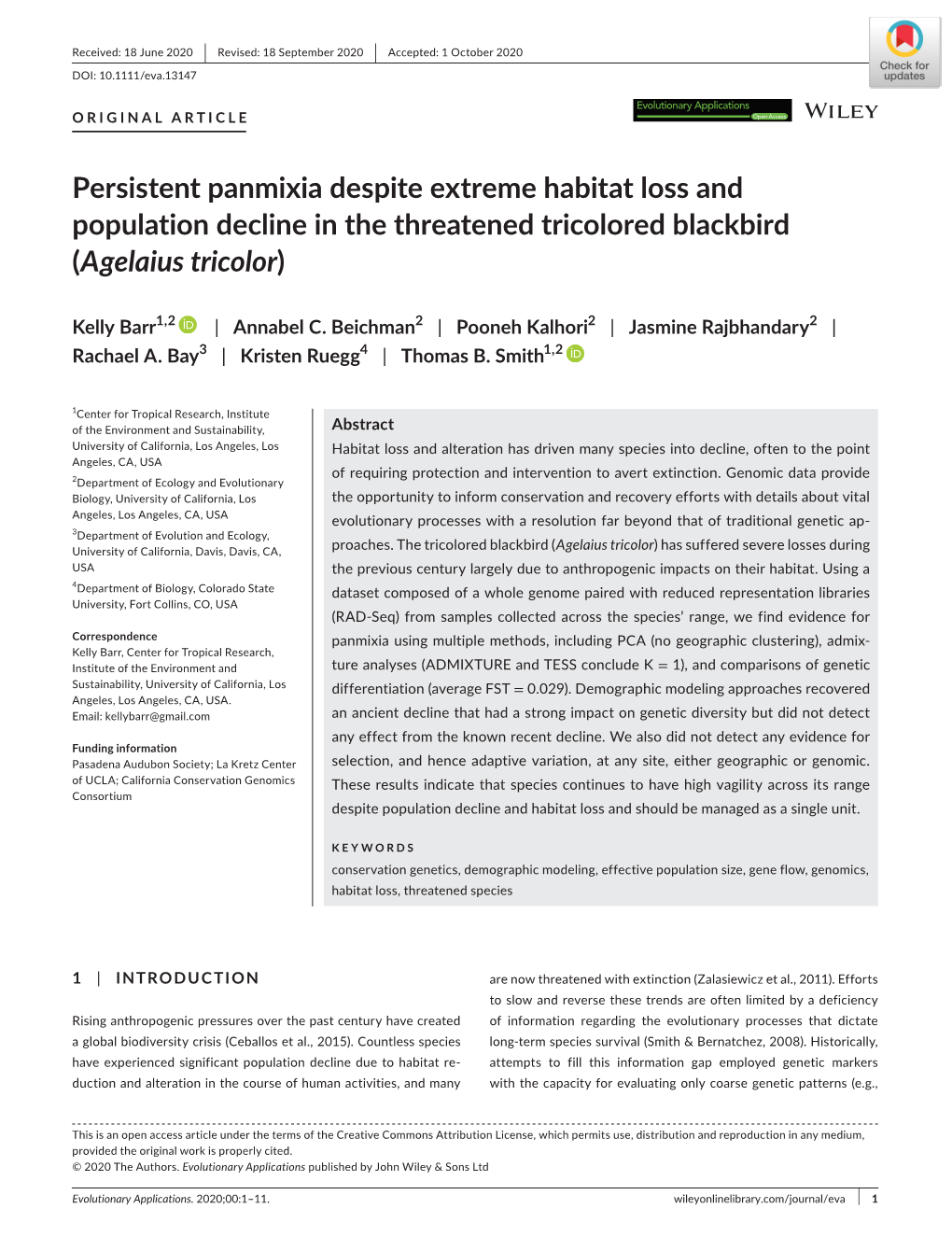 Persistent Panmixia Despite Extreme Habitat Loss and Population Decline in the Threatened Tricolored Blackbird (Agelaius Tricolor)