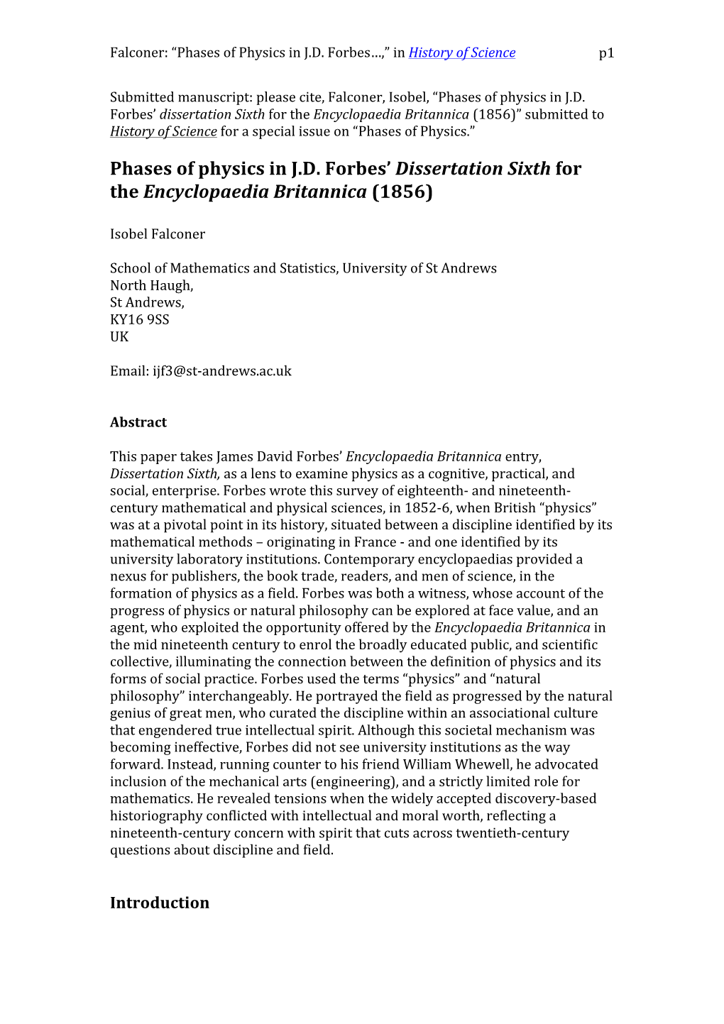 Phases of Physics in J.D. Forbes' Dissertation Sixth for The