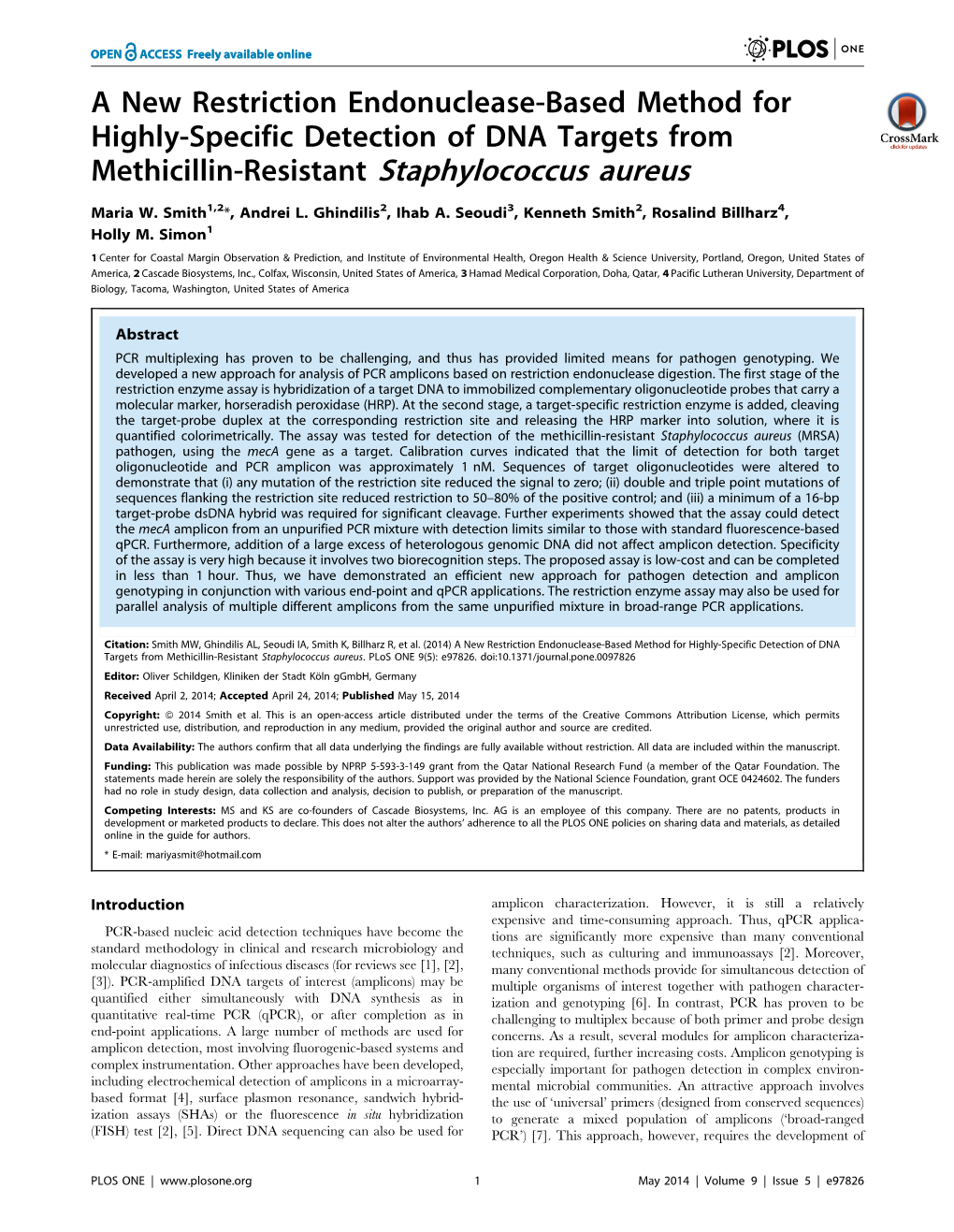 A New Restriction Endonuclease-Based Method for Highly-Specific Detection of DNA Targets from Methicillin-Resistant Staphylococcus Aureus