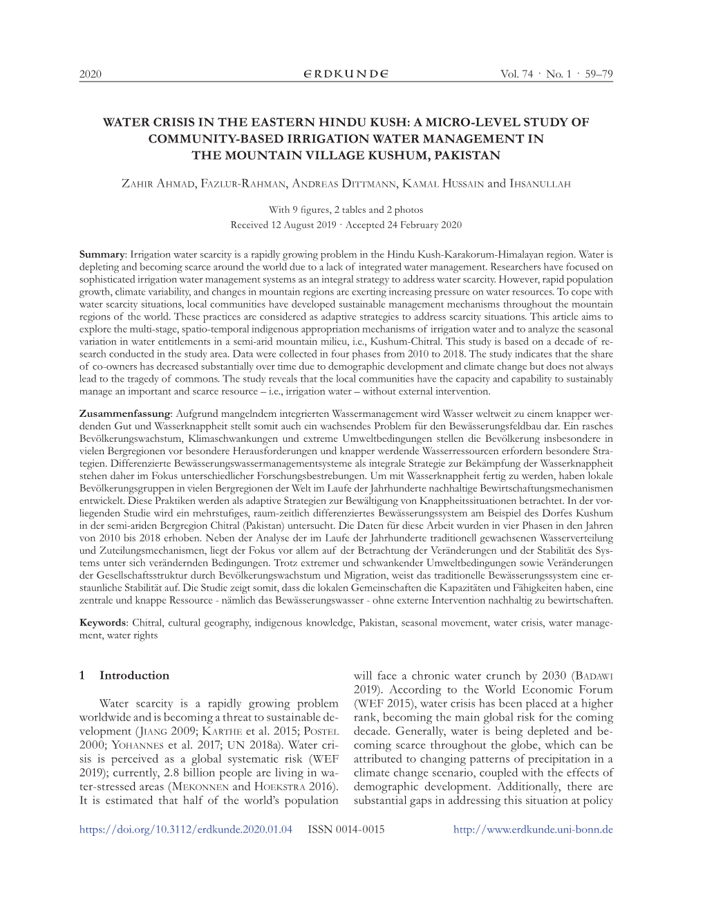 Water Crisis in the Eastern Hindu Kush: a Micro-Level Study of Community-Based Irrigation Water Management in the Mountain Village Kushum, Pakistan