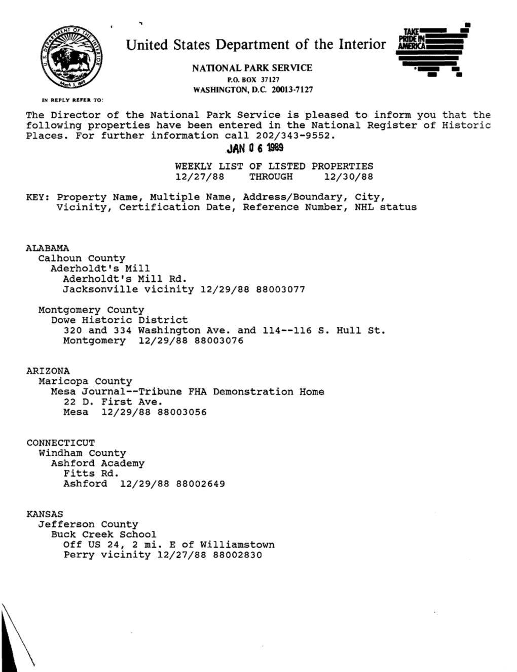 National Register of Historic Places 1989 Weekly Lists