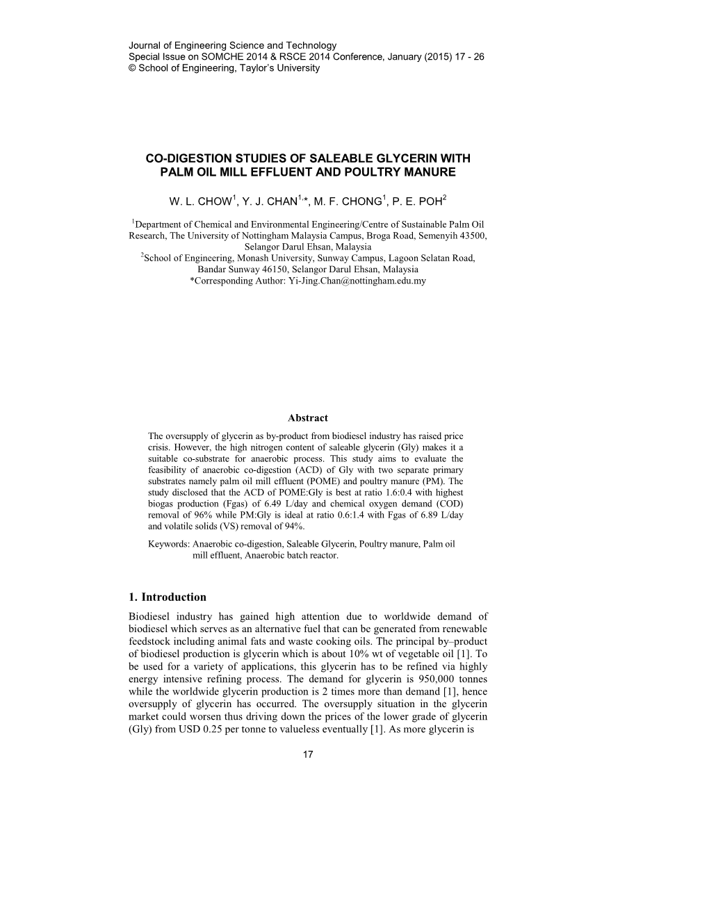 Co-Digestion Studies of Saleable Glycerin with Palm Oil Mill Effluent and Poultry Manure