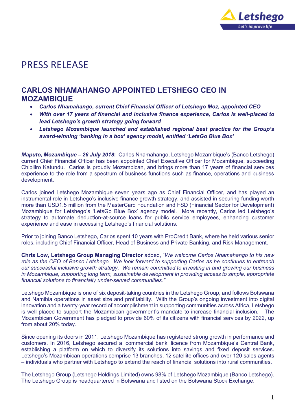 Carlos Nhamahango Appointed Letshego Ceo in Mozambique