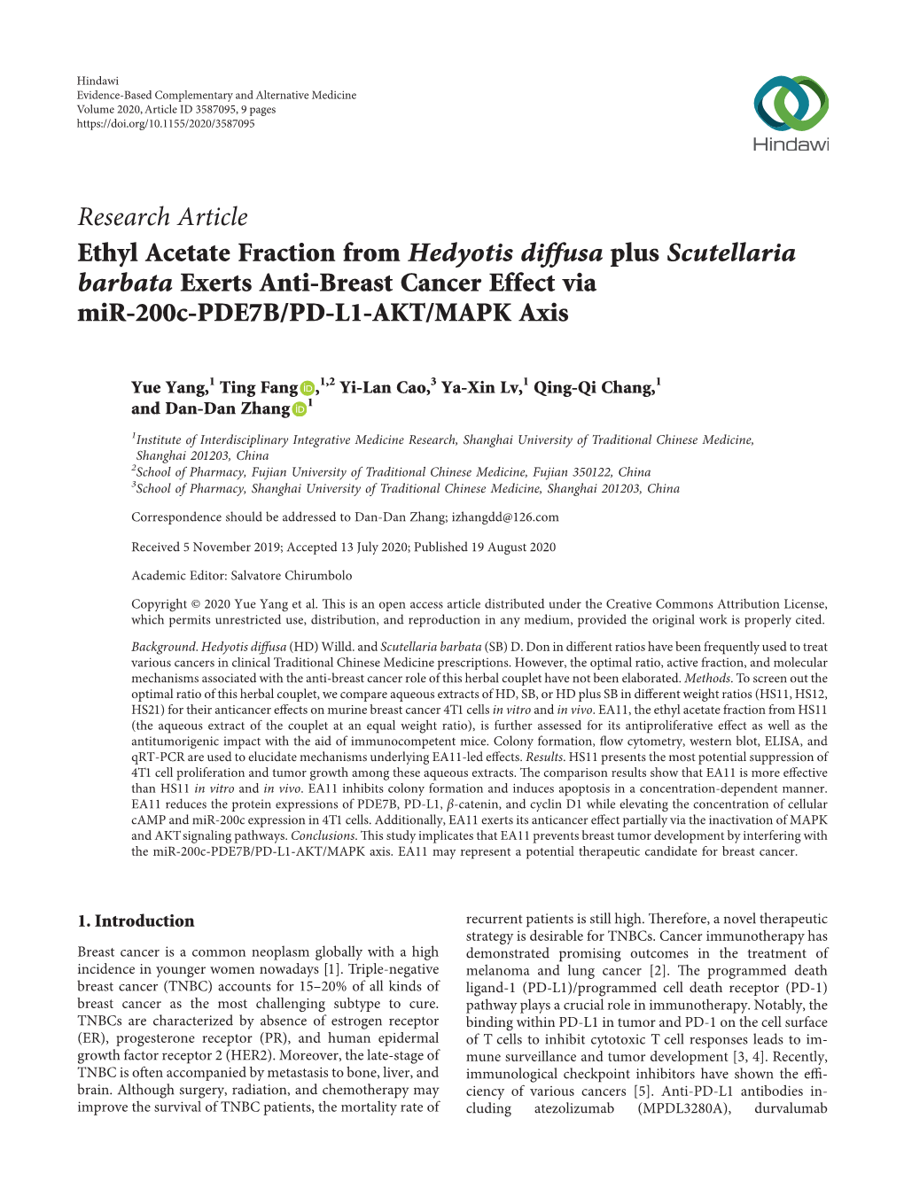 Ethyl Acetate Fraction from Hedyotis Diffusa Plus Scutellaria Barbata Exerts Anti-Breast Cancer Effect Via Mir-200C-PDE7B/PD-L1-AKT/MAPK Axis