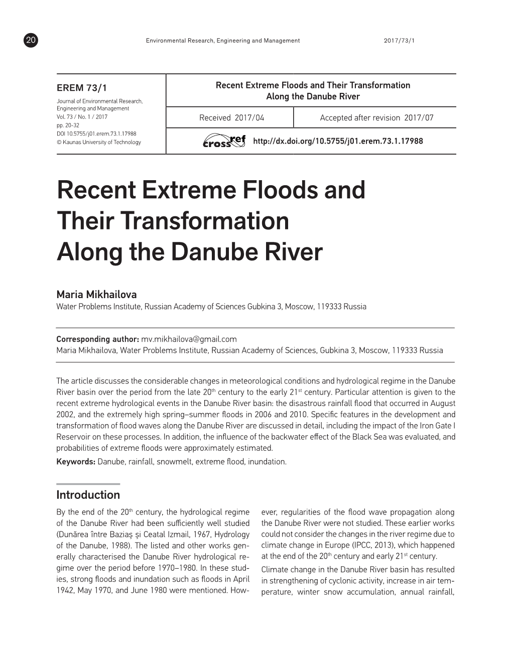 Recent Extreme Floods and Their Transformation Along the Danube River