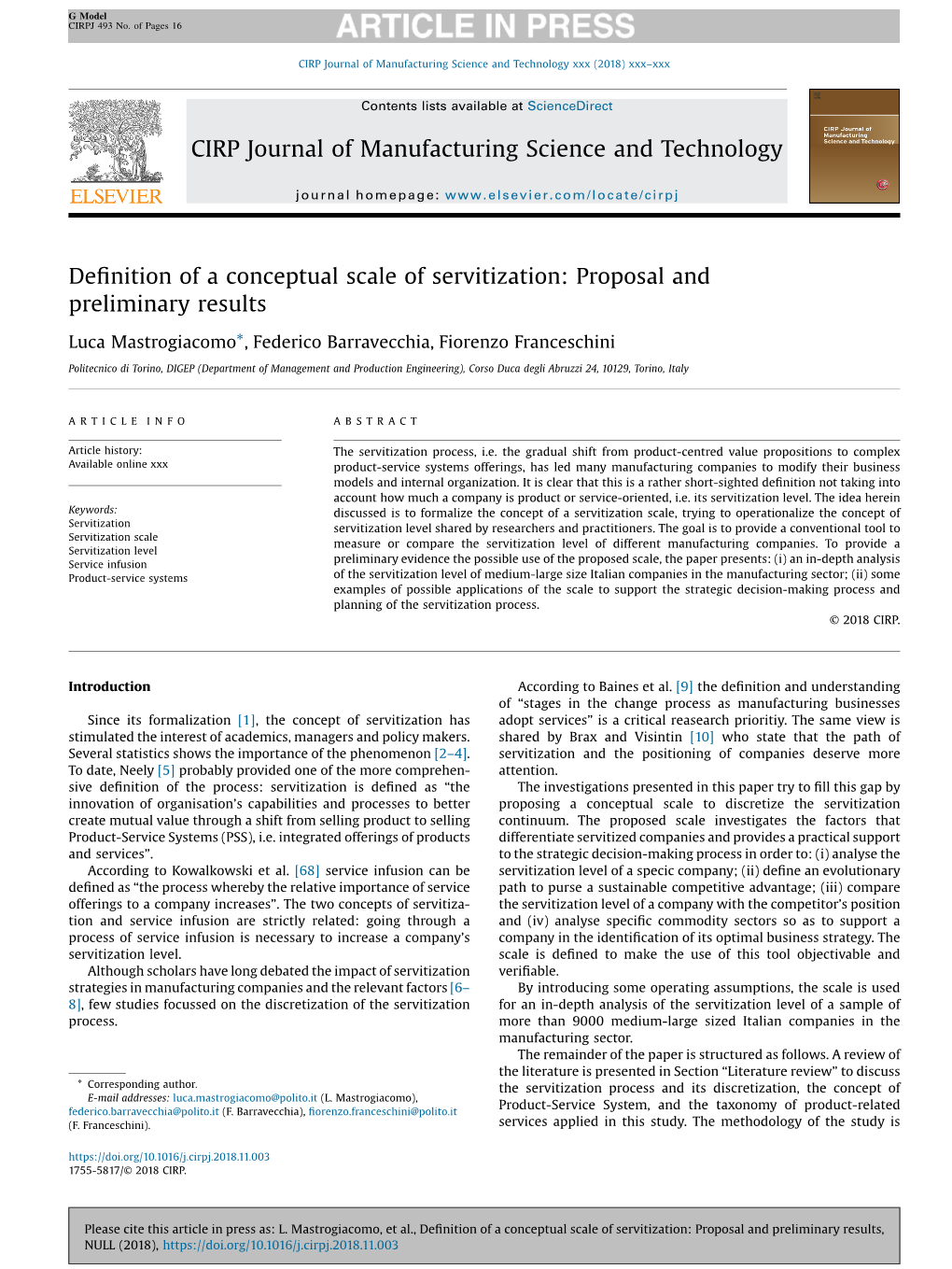 Definition of a Conceptual Scale of Servitization