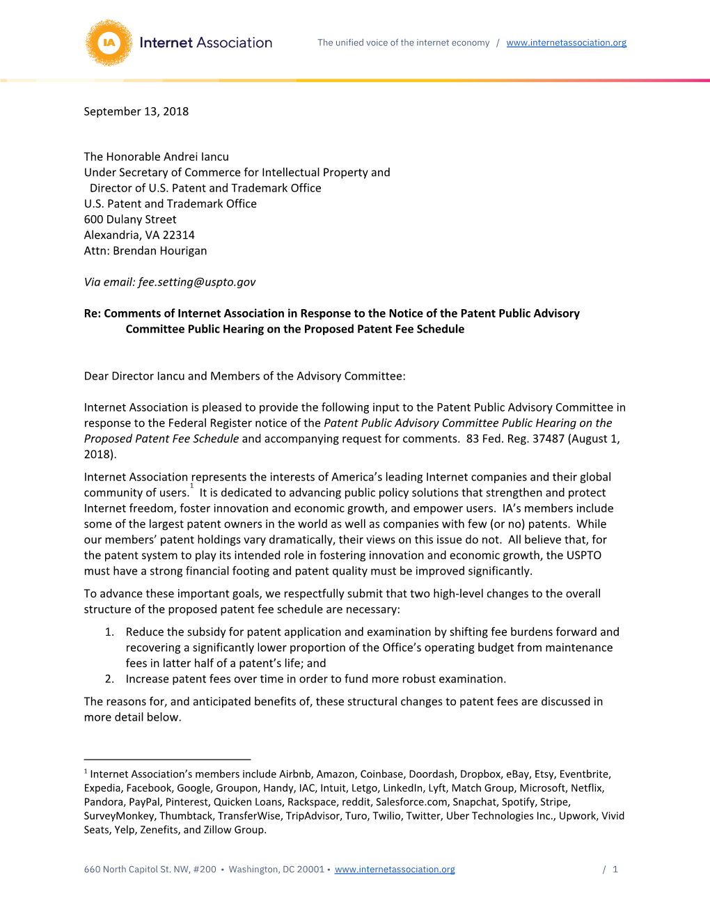 Internet Association in Response to the Notice of the Patent Public Advisory Committee Public Hearing on the Proposed Patent Fee Schedule