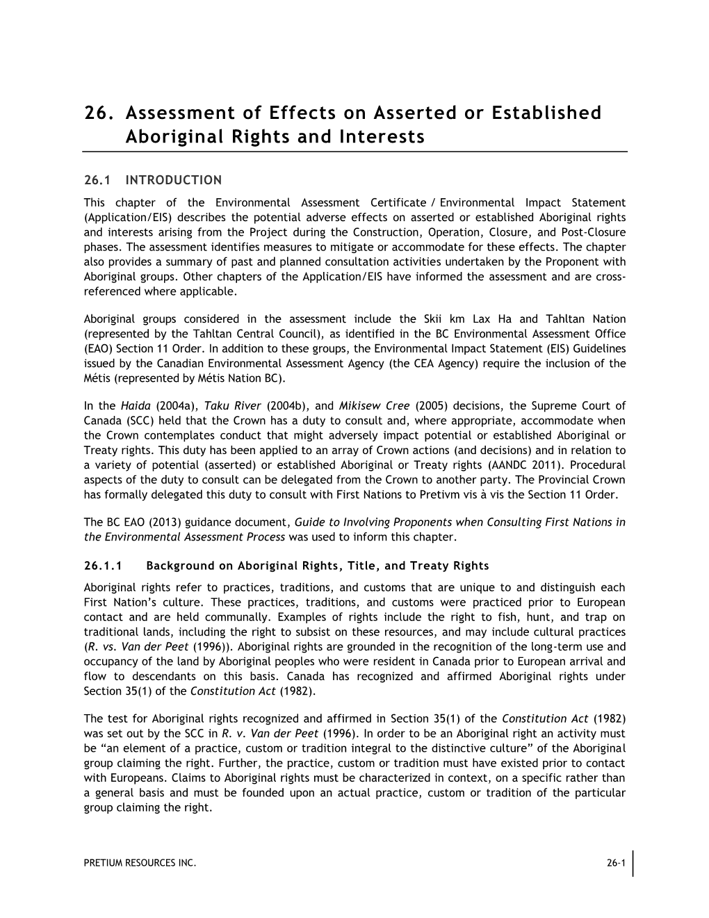 26. Assessment of Effects on Asserted Or Established Aboriginal Rights and Interests