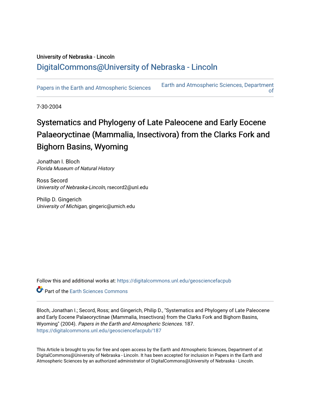 Systematics and Phylogeny of Late Paleocene and Early Eocene Palaeoryctinae (Mammalia, Insectivora) from the Clarks Fork and Bighorn Basins, Wyoming