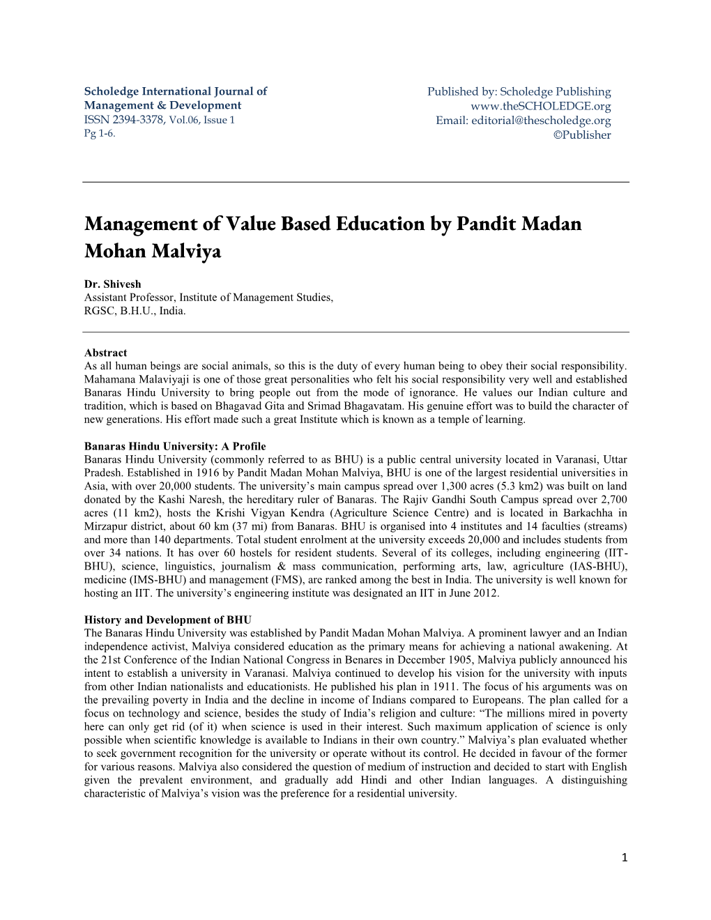 Management of Value Based Education by Pandit Madan Mohan Malviya