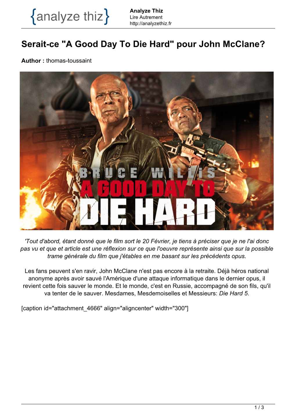A Good Day to Die Hard" Pour John Mcclane?
