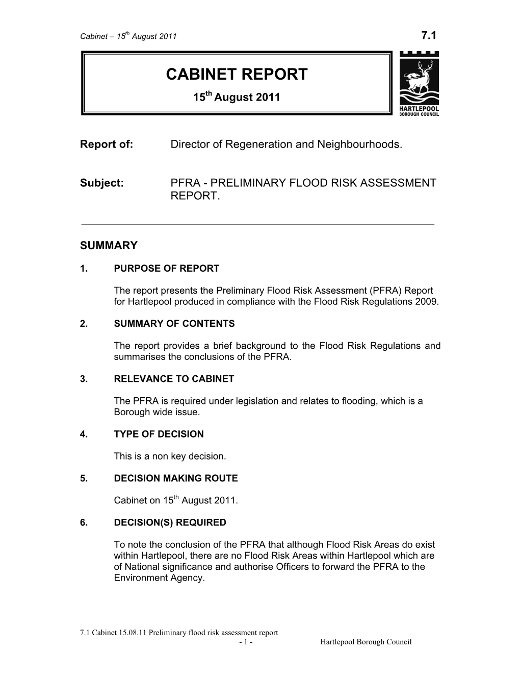 CABINET REPORT 15Th August 2011