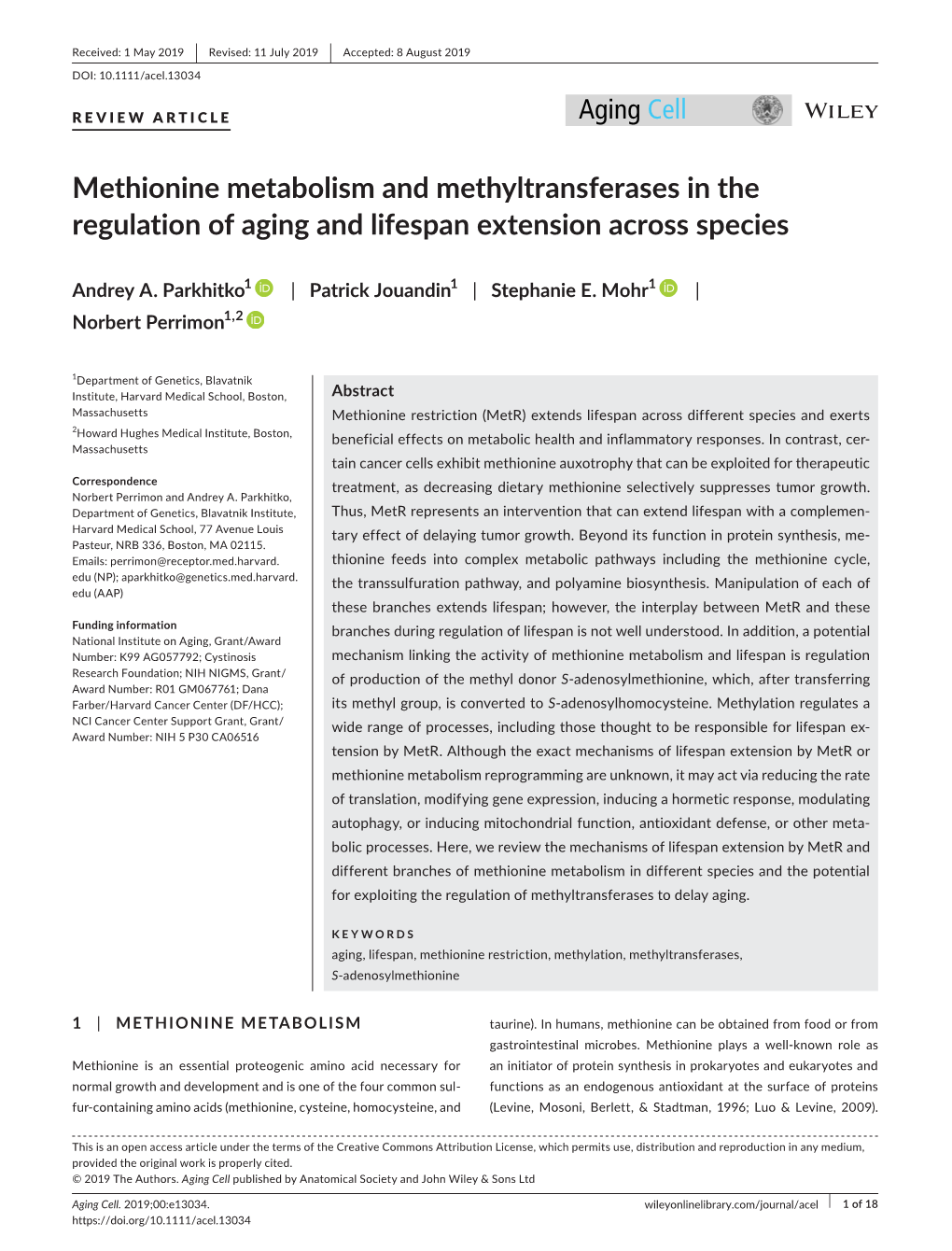 Methionine Metabolism and Methyltransferases in the Regulation of Aging and Lifespan Extension Across Species