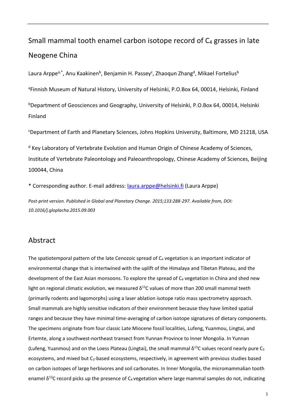 Small Mammal Tooth Enamel Carbon Isotope Record of C4 Grasses in Late Neogene China Abstract