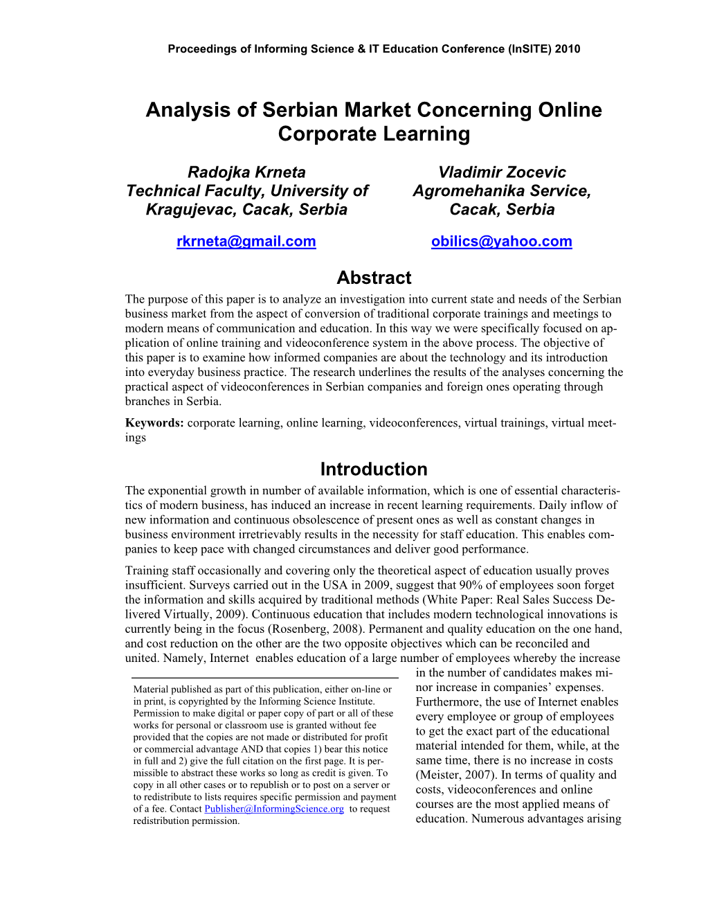 Analysis of Serbian Market Concerning Online Corporate Learning