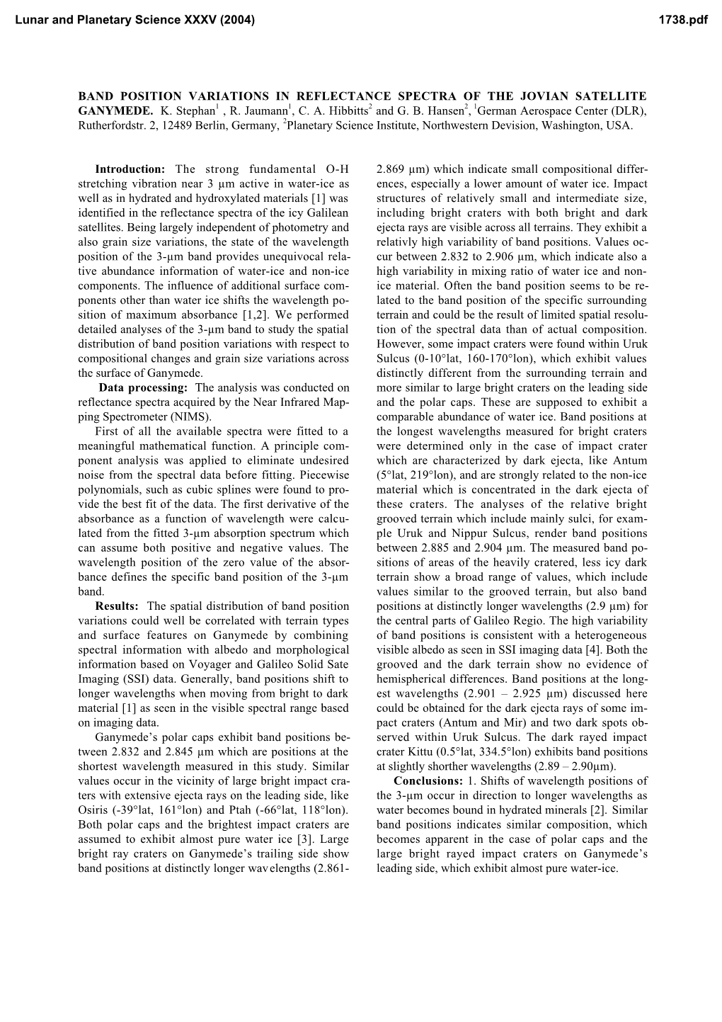 Band Position Variations in Reflectance Spectra of the Jovian Satellite Ganymede