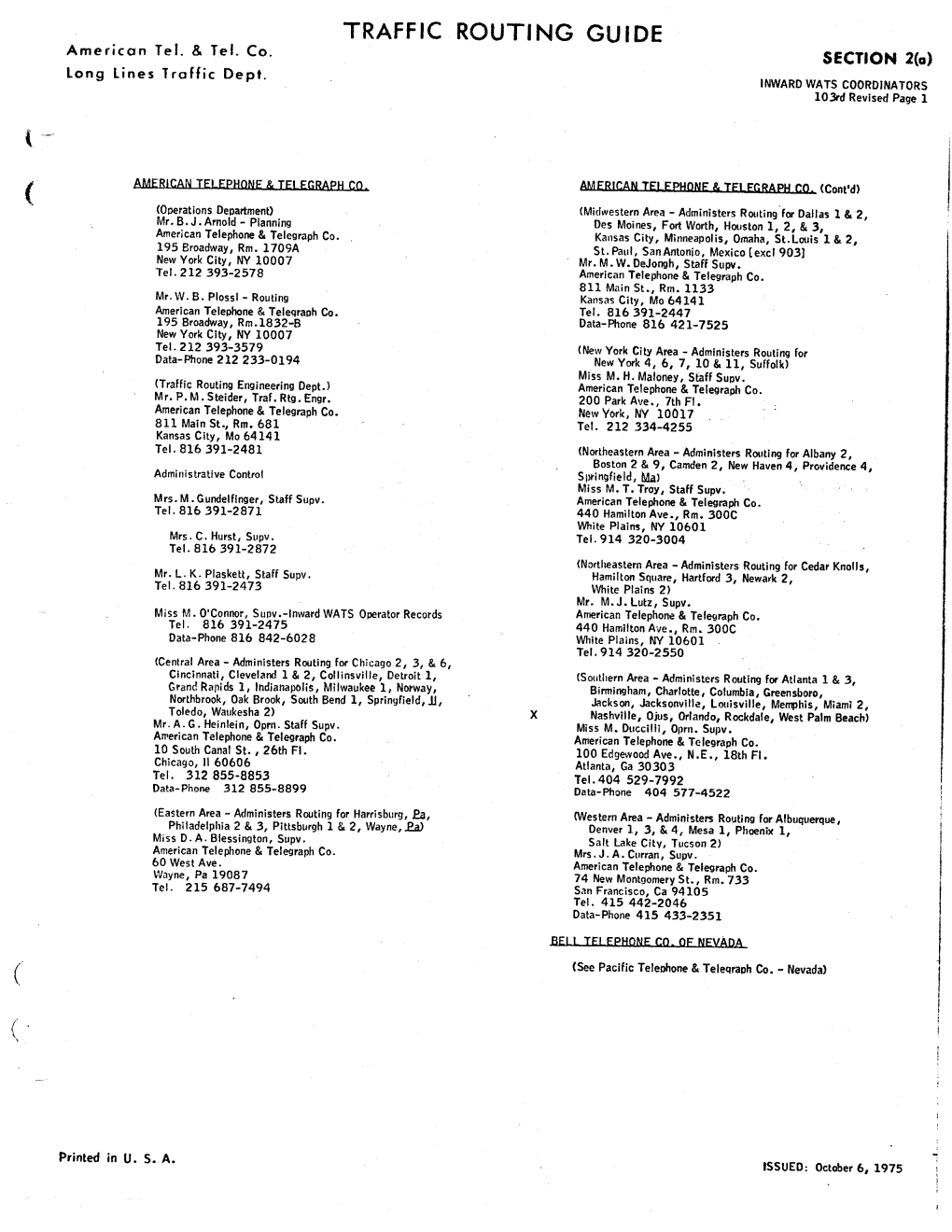 1975 Traffic ROUTING GUIDE SECTION 2(0) American Tel