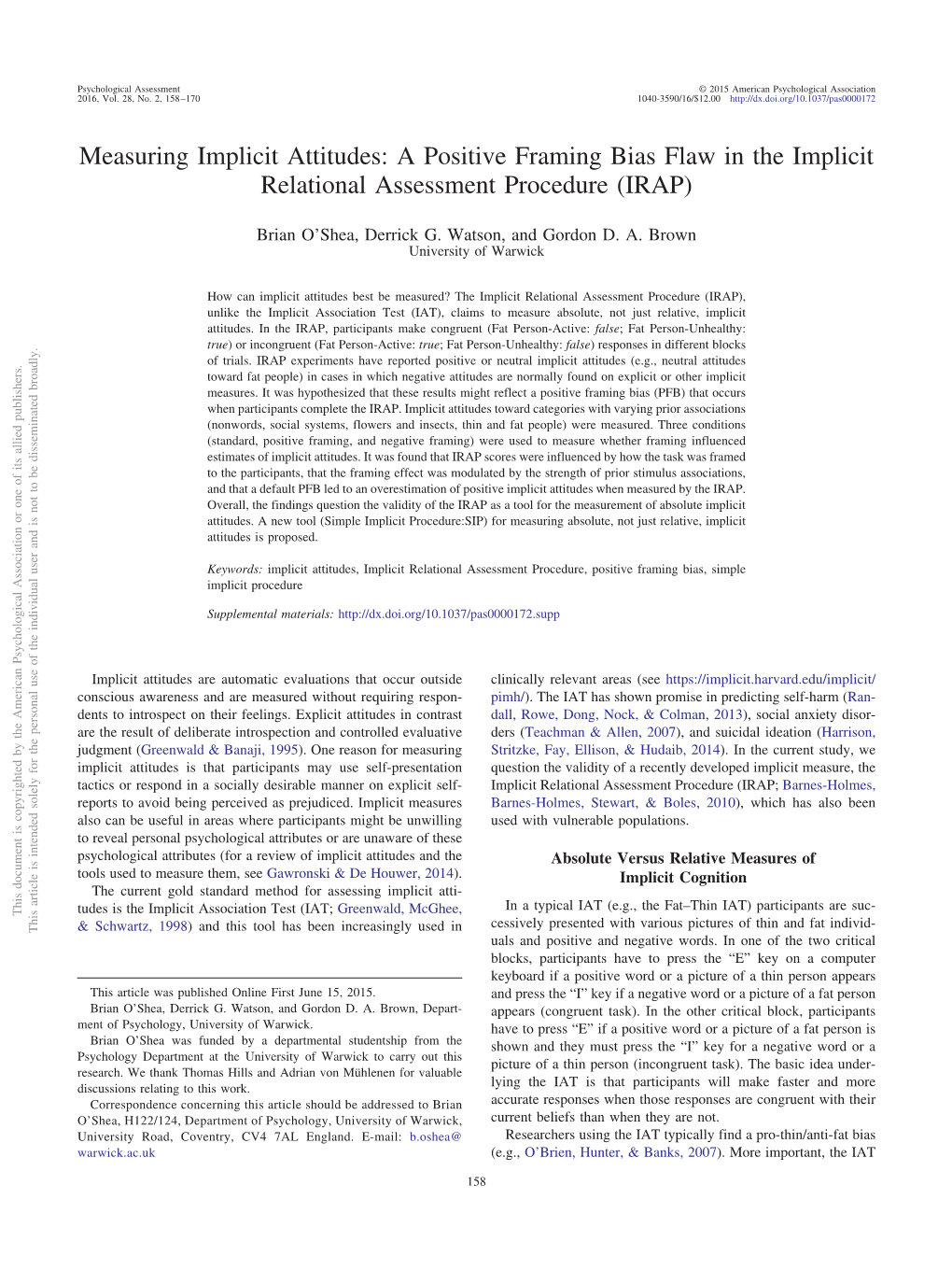 Measuring Implicit Attitudes: a Positive Framing Bias Flaw in the Implicit Relational Assessment Procedure (IRAP)