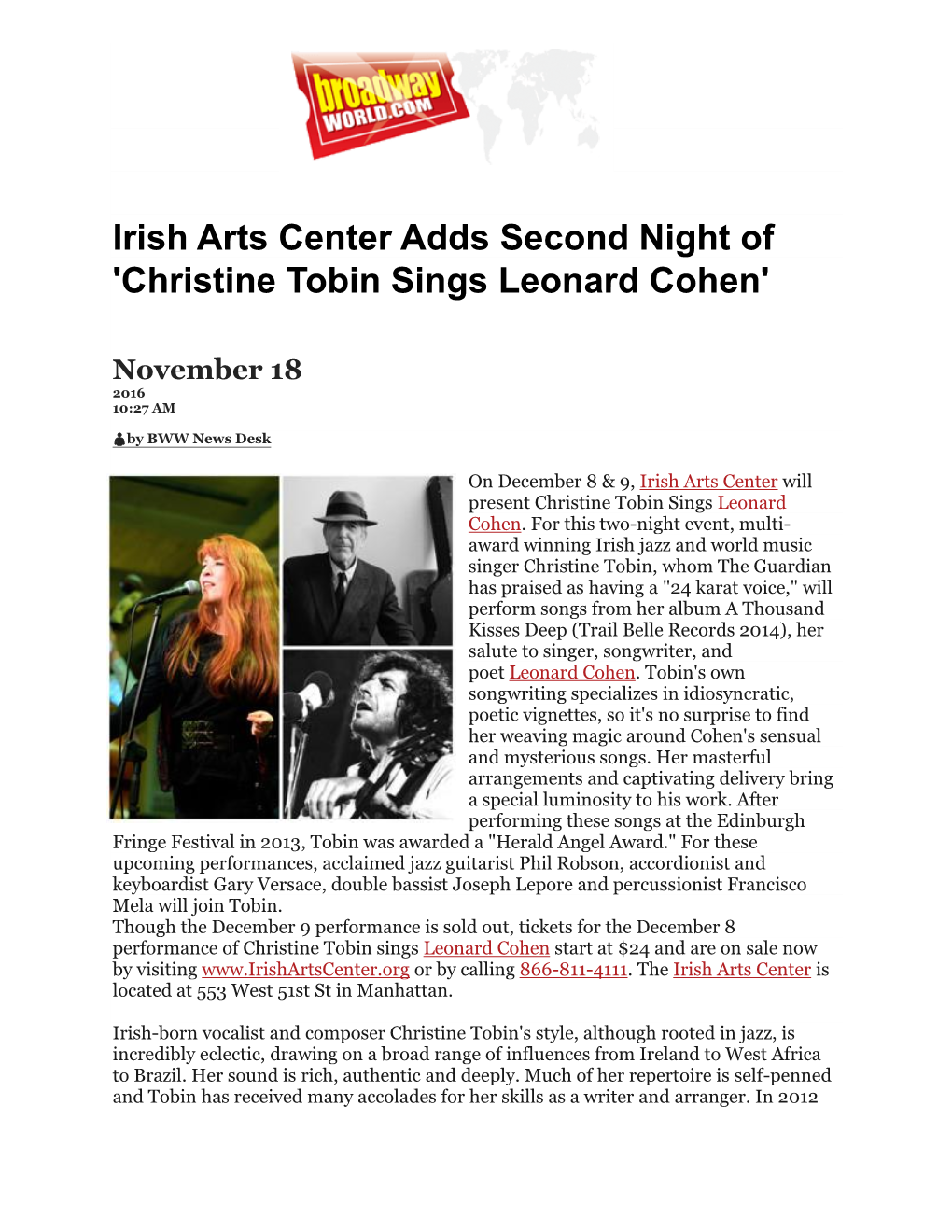 Irish Arts Center Adds Second Night of 'Christine Tobin Sings Leonard Cohen'