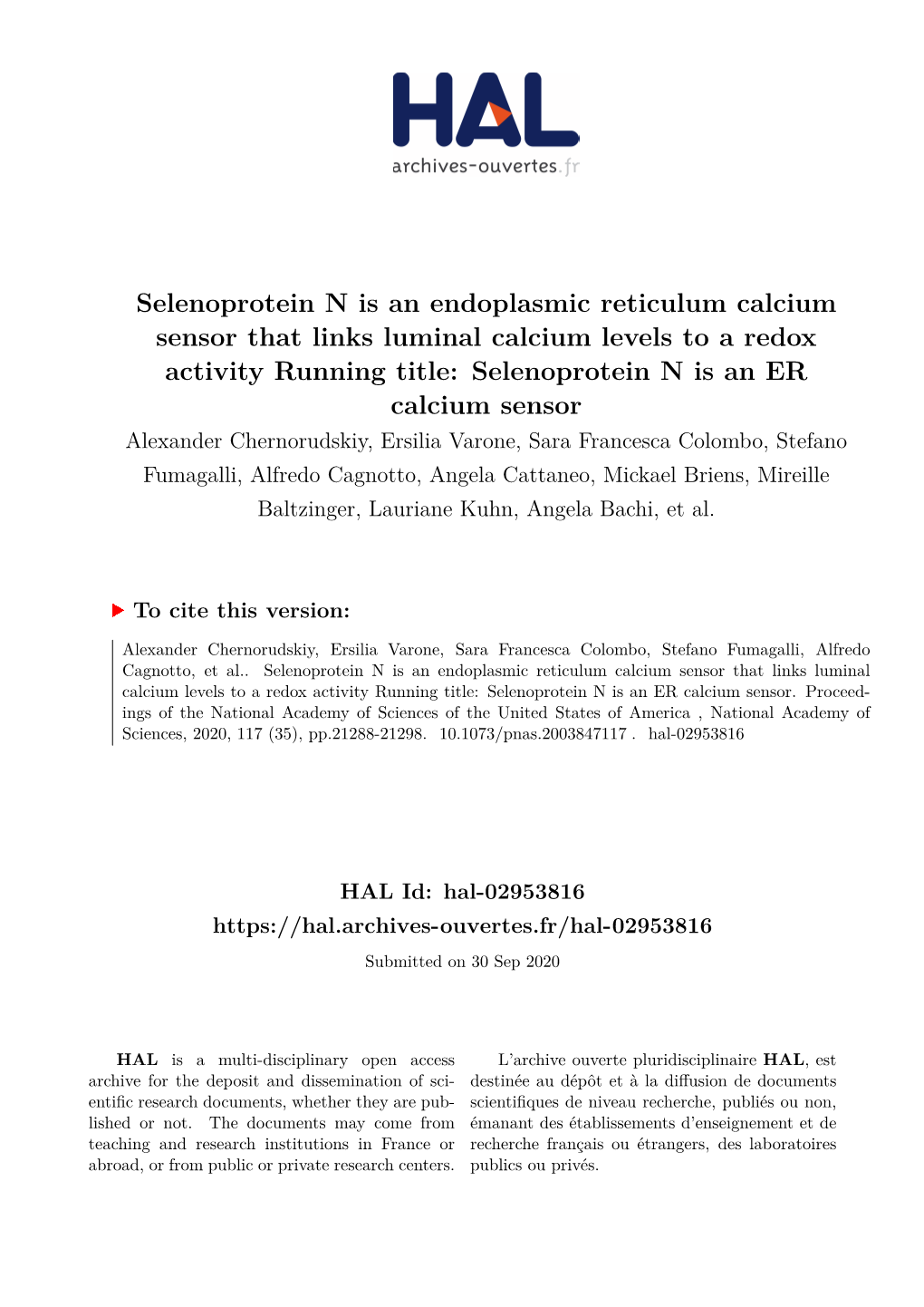 Selenoprotein N Is an Endoplasmic Reticulum Calcium Sensor That Links Luminal Calcium Levels to a Redox Activity Running Title