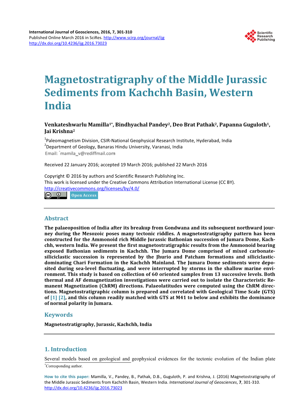 Magnetostratigraphy of the Middle Jurassic Sediments from Kachchh Basin, Western India