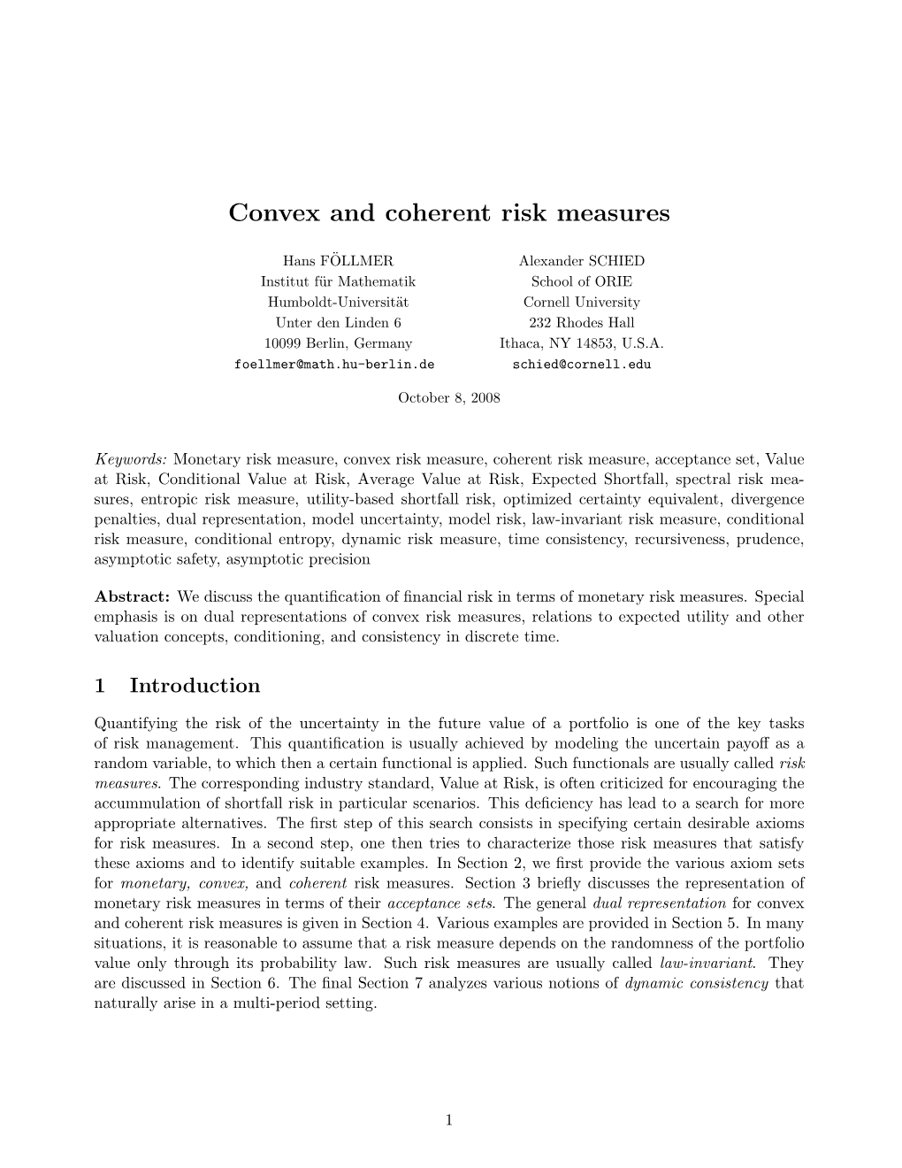 Convex and Coherent Risk Measures