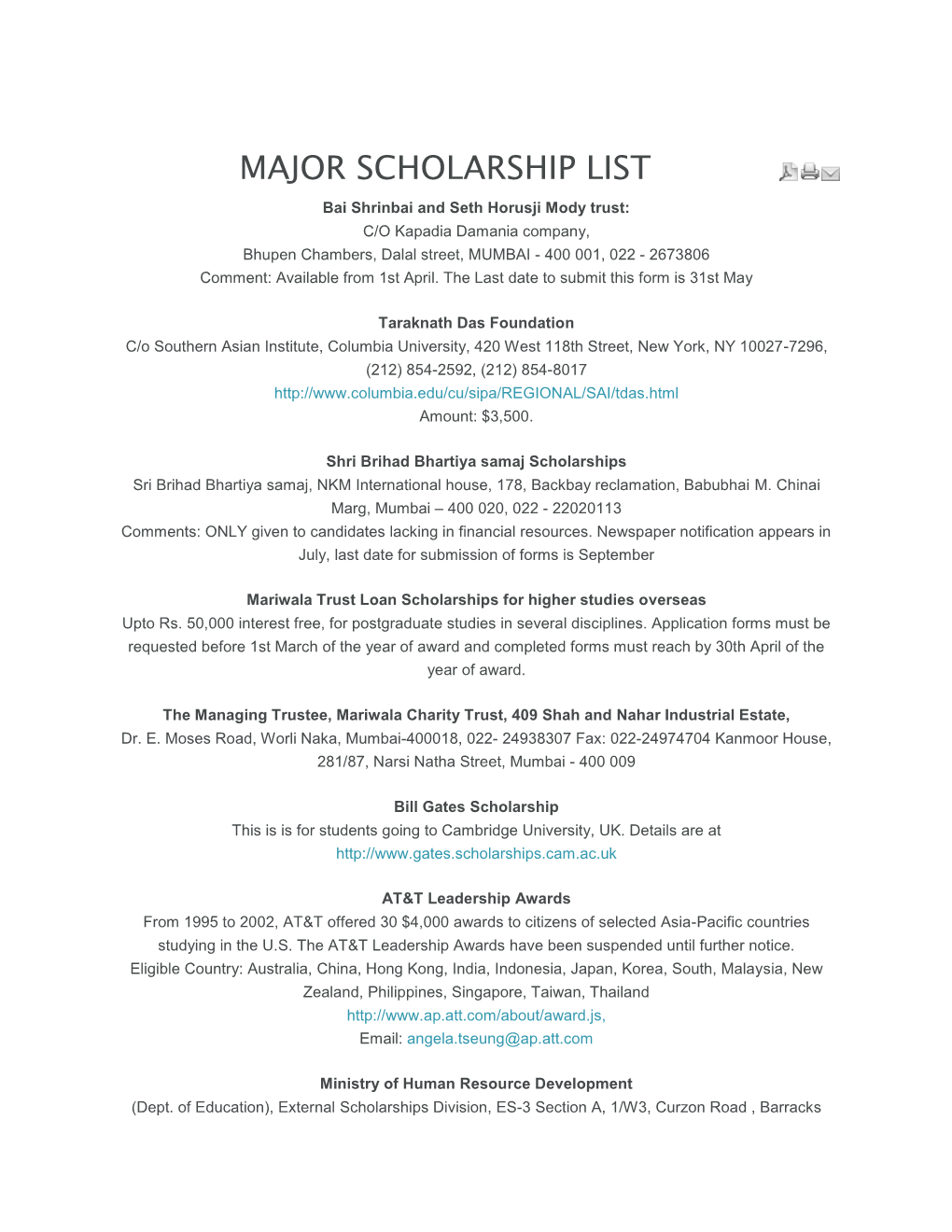 Major Scholarship List