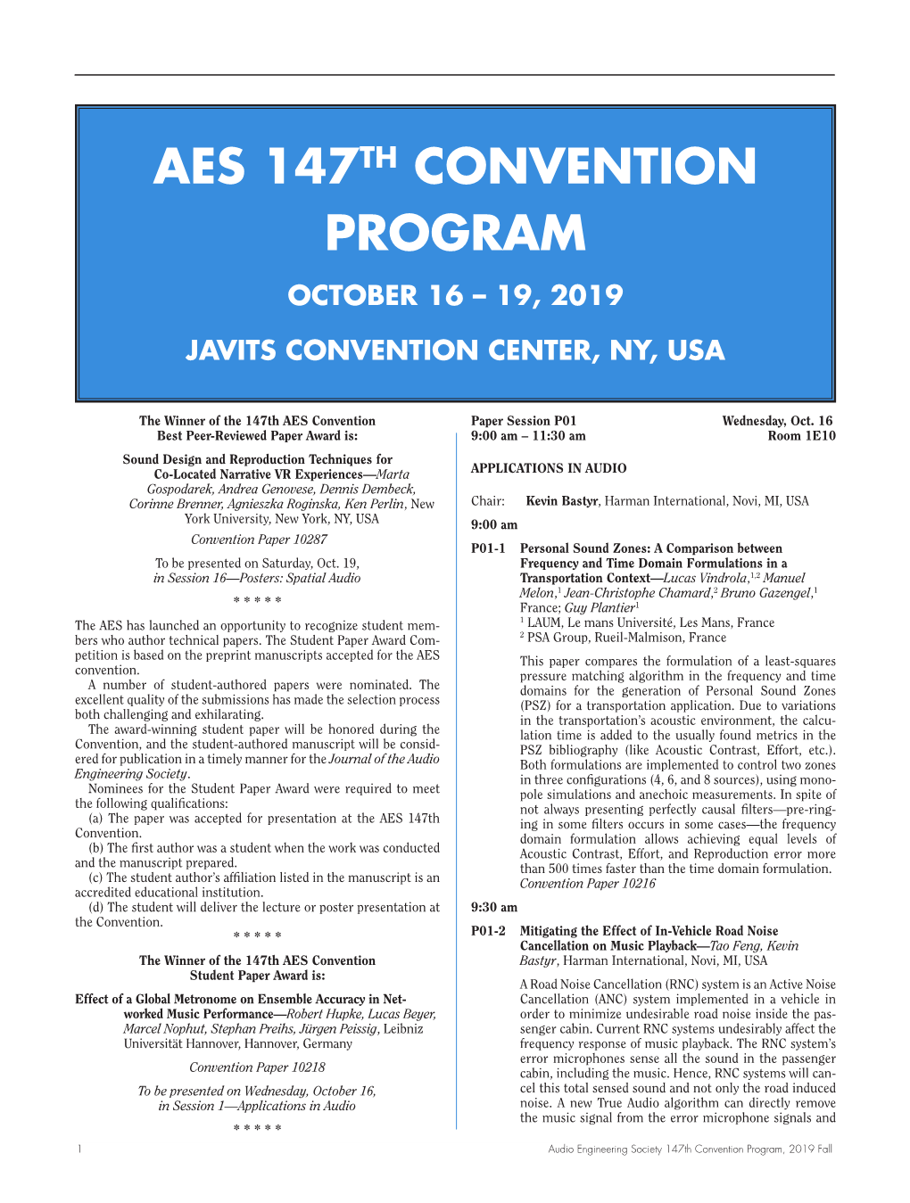 Convention Program, 2019 Fall Leave Only the Interior Noise Portion