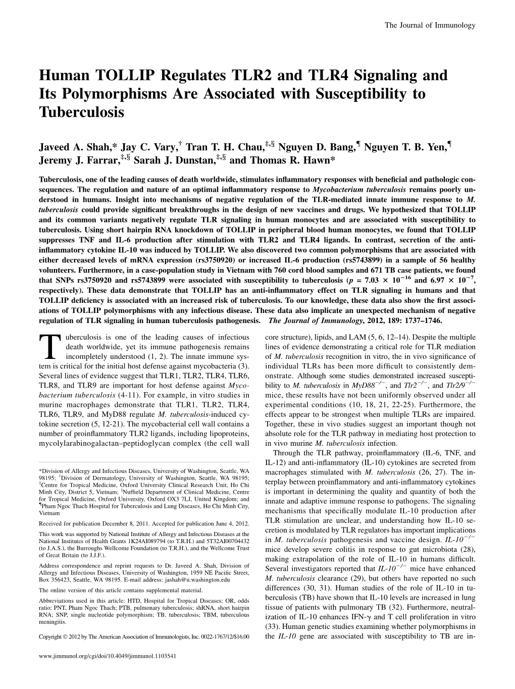 Associated with Susceptibility to Tuberculosis Signaling and Its Polymorphisms Are Human TOLLIP Regulates TLR2 and TLR4