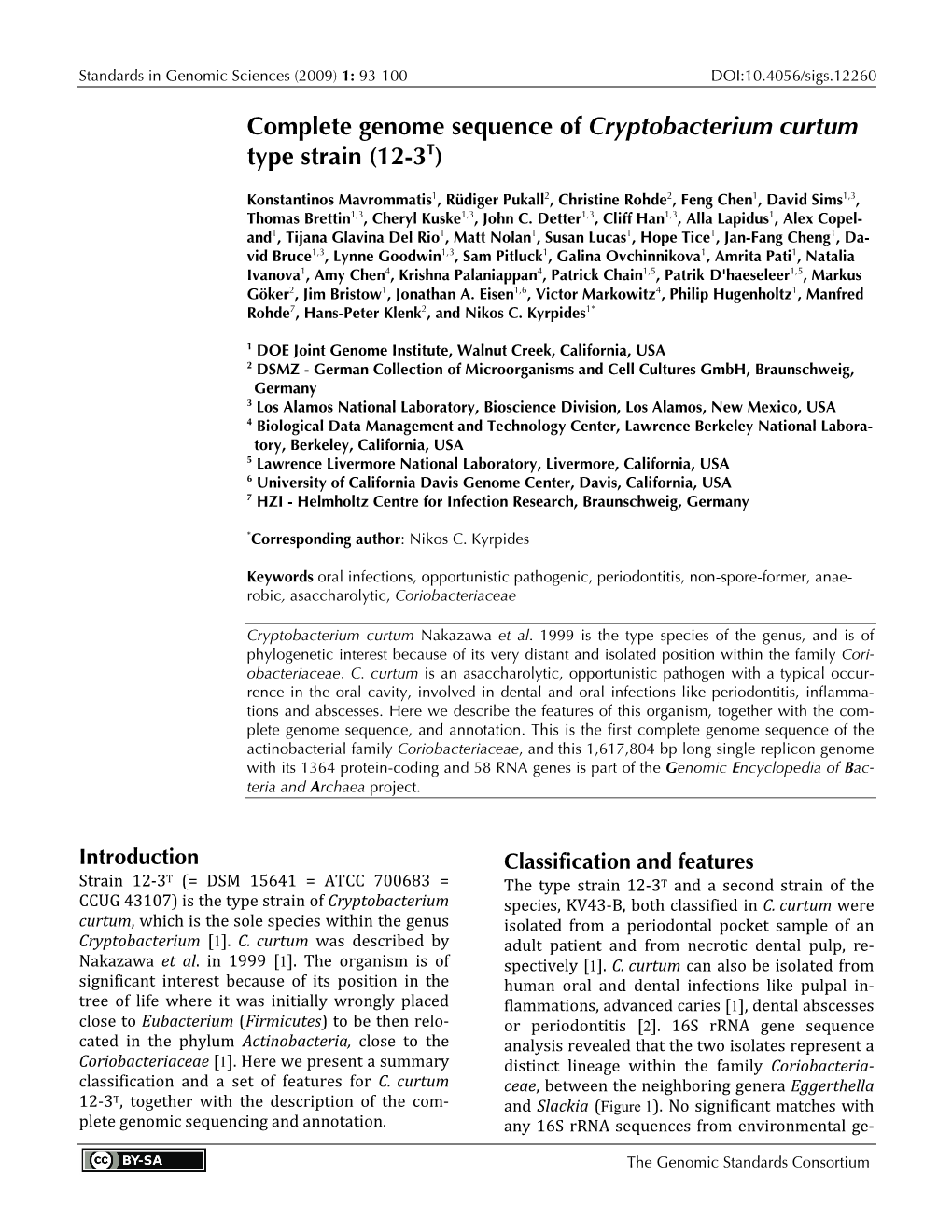 Cryptobacterium Curtum Type Strain 12-3T Nomic Samples and Surveys Are Reported at the Is 12 Hours [15]