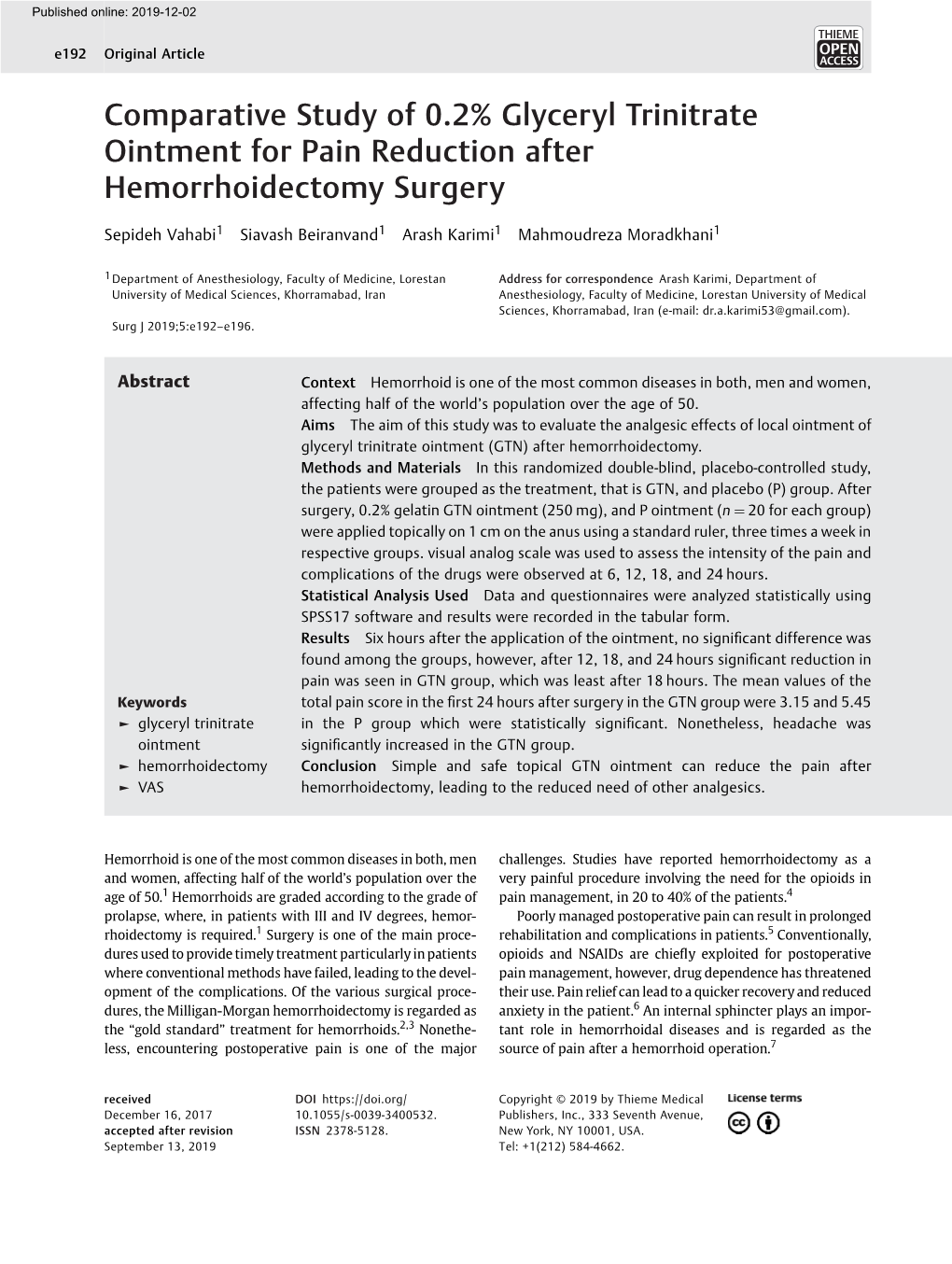Comparative Study of 0.2% Glyceryl Trinitrate Ointment for Pain Reduction After Hemorrhoidectomy Surgery