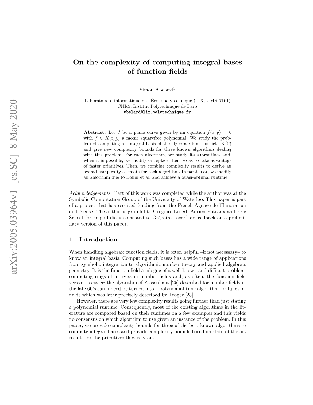 On the Complexity of Computing Integral Bases of Function Fields