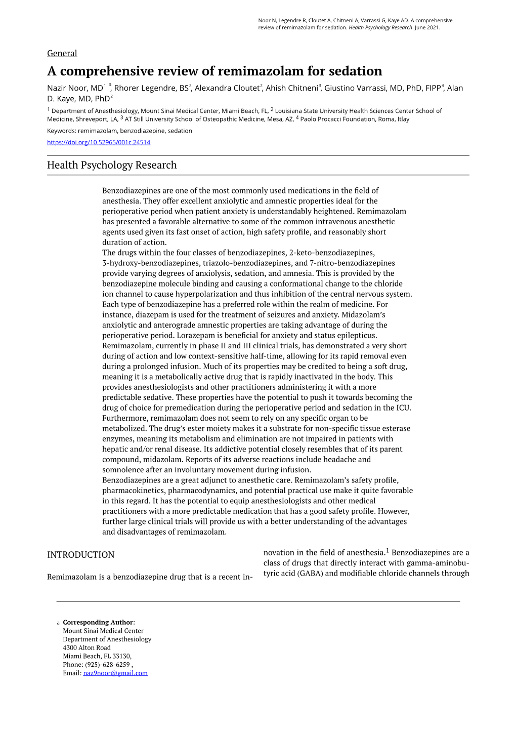 A Comprehensive Review of Remimazolam for Sedation