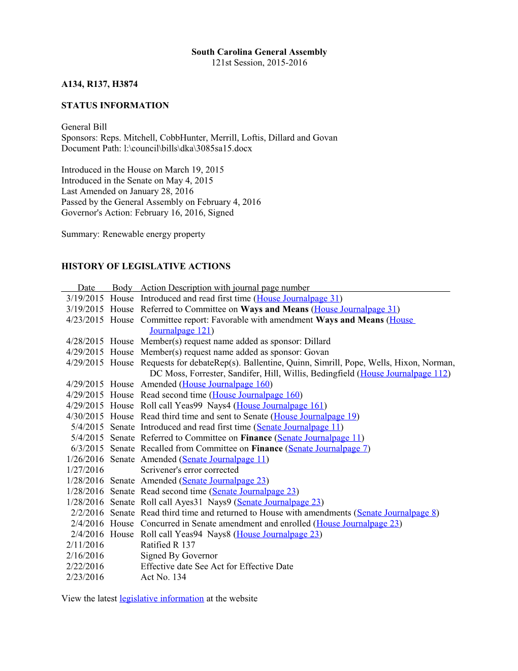 2015-2016 Bill 3874: Renewable Energy Property - South Carolina Legislature Online