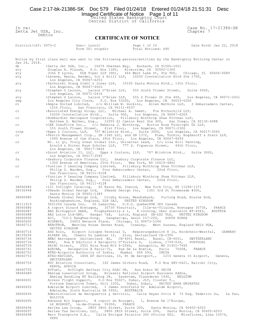 CERTIFICATE of NOTICE Case 2:17-Bk-21386-SK Doc 579 Filed 01/24/18 Entered 01/24/18 21:51:31 Desc Imaged Certificate