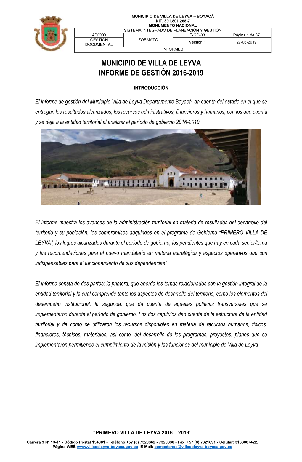 Municipio De Villa De Leyva Informe De Gestión 2016-2019