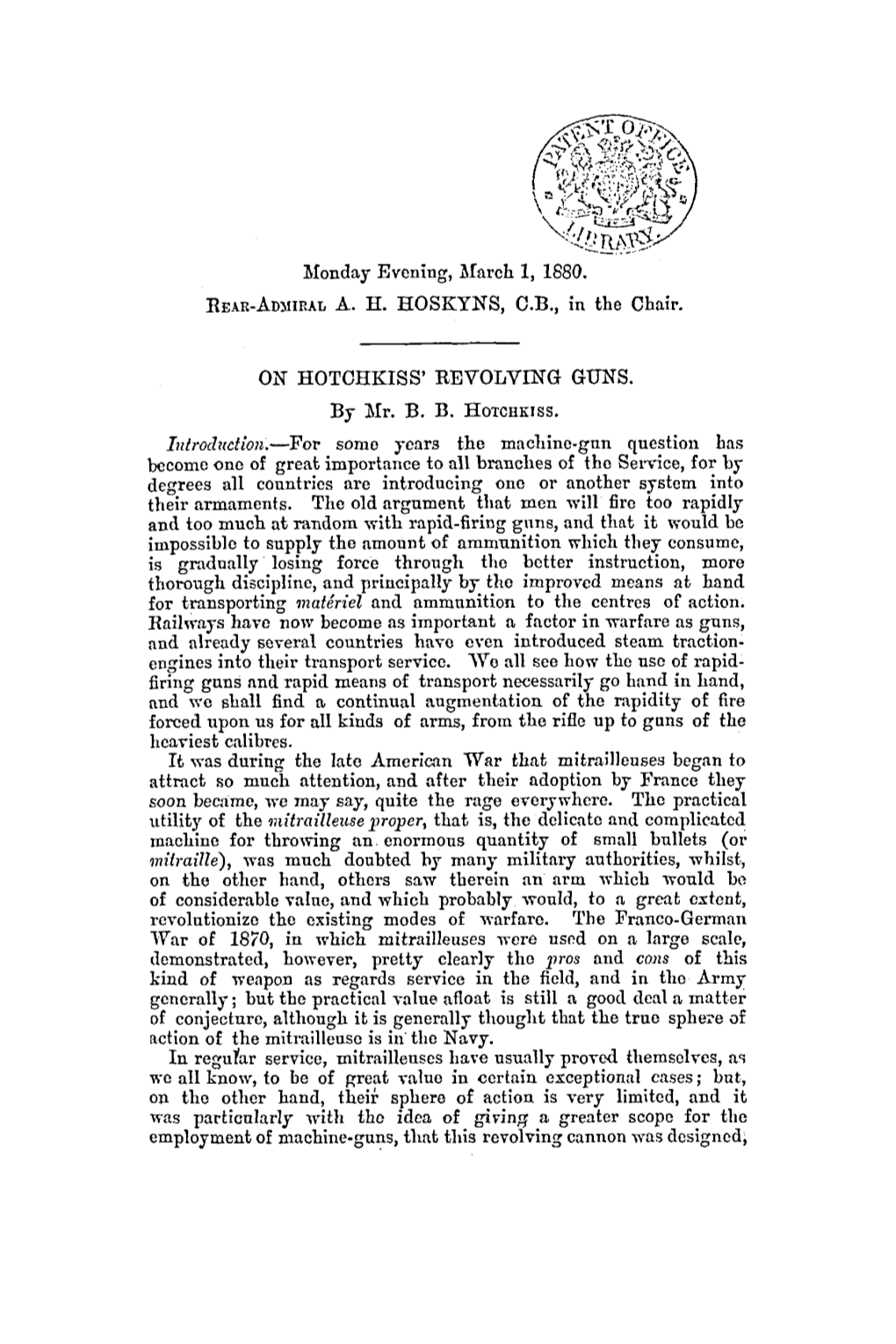 ON HOTCHKISS' REVOLVING GUNS. by 3Ir. B. B. HOTCFIKISS