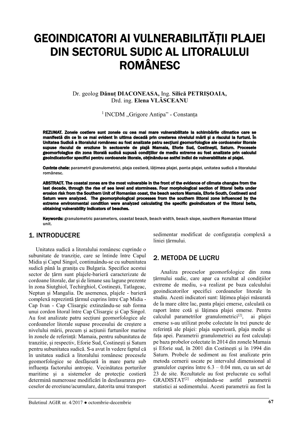 Geoindicatori Ai Vulnerabilității Plajei Din Sectorul Sudic Al Litoralului