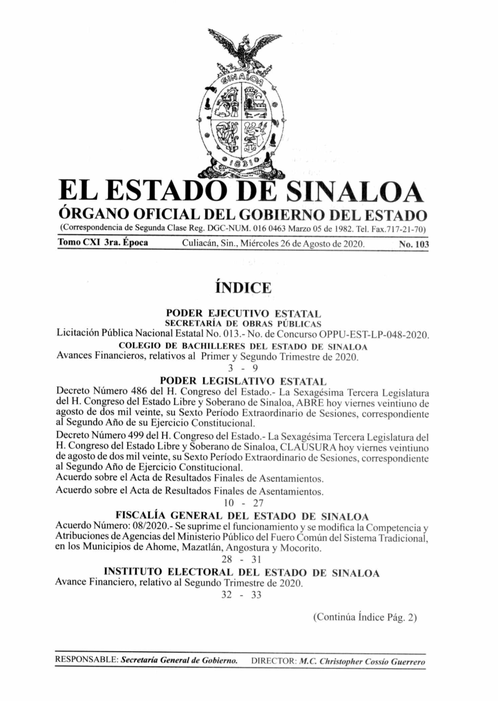 EL ESTADO DE SINALOA ÓRGANO OFICIAL DEL GOBIERNO DEL ESTADO (Correspondencia De Segunda Clase Reg