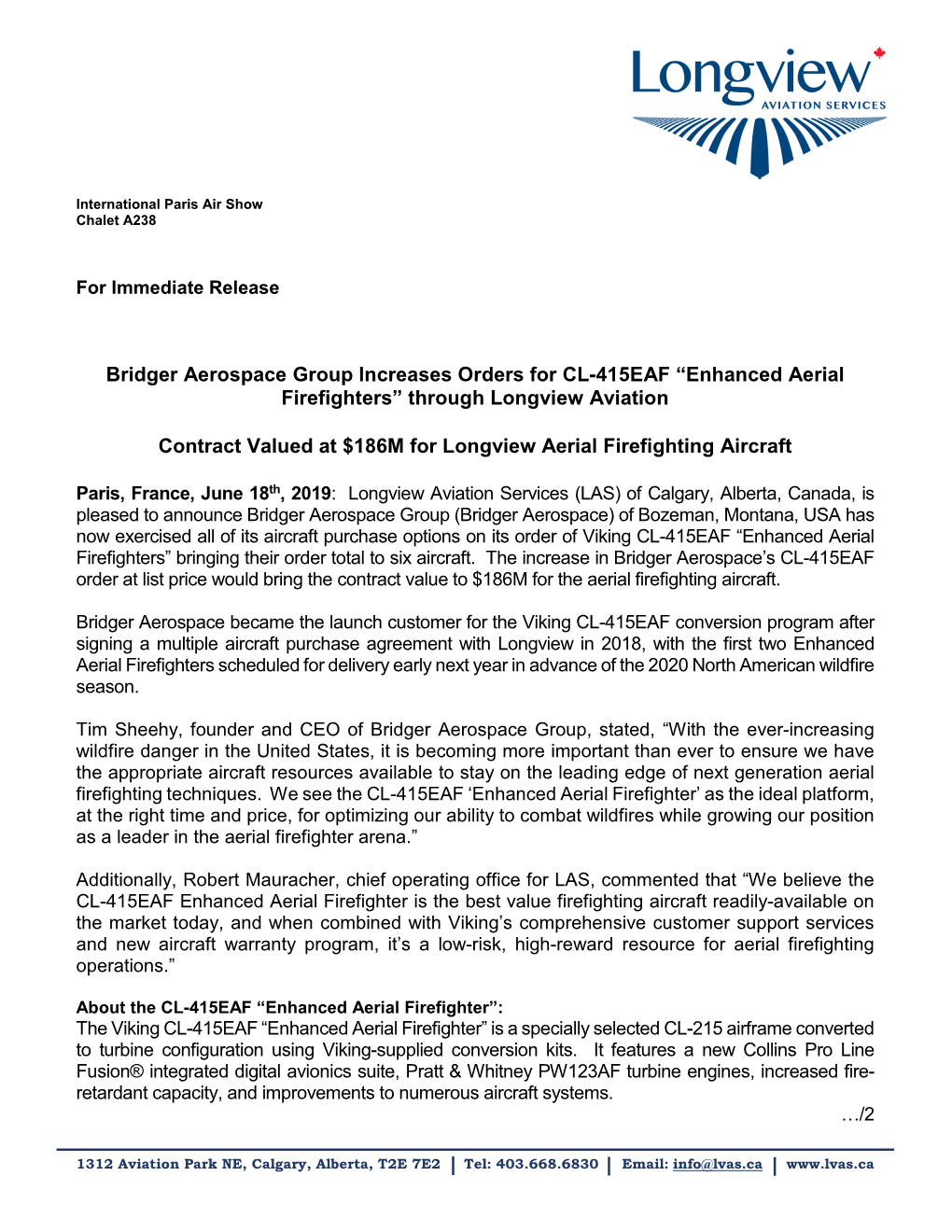 Bridger Aerospace Group Increases Orders for CL-415EAF “Enhanced Aerial Firefighters” Through Longview Aviation