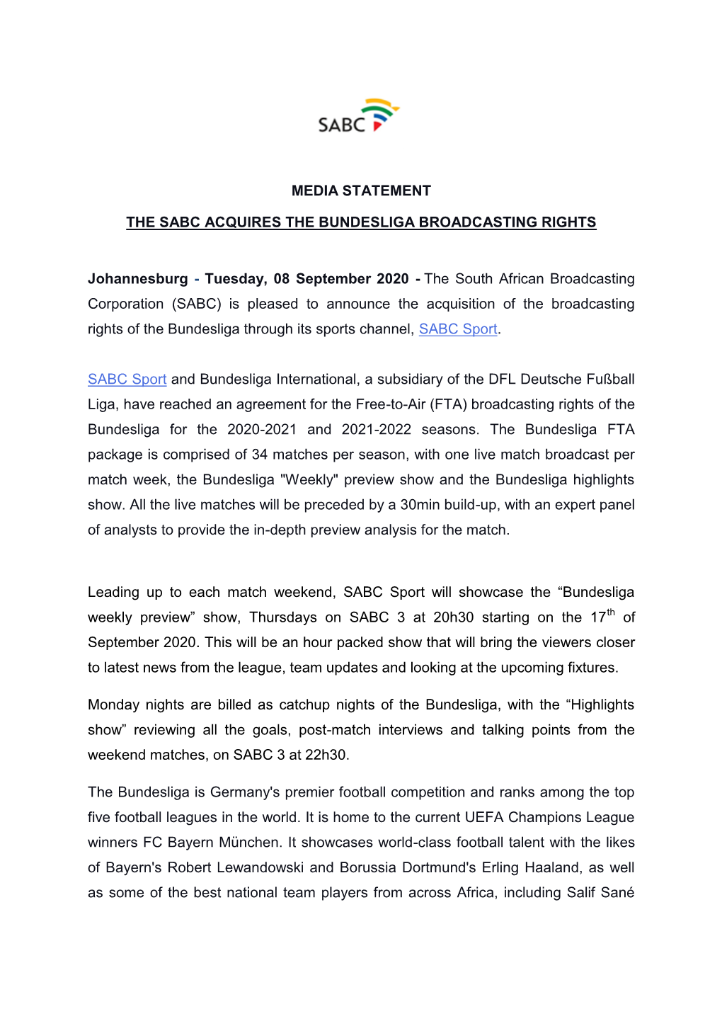 Media Statement the Sabc Acquires the Bundesliga