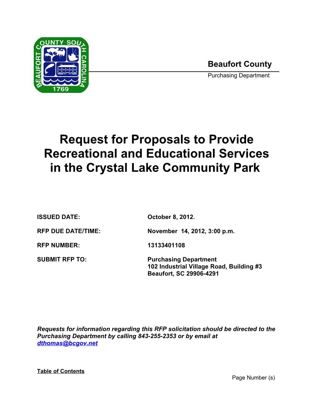 Request for Proposals to Provide Recreational and Educational Services in the Crystal