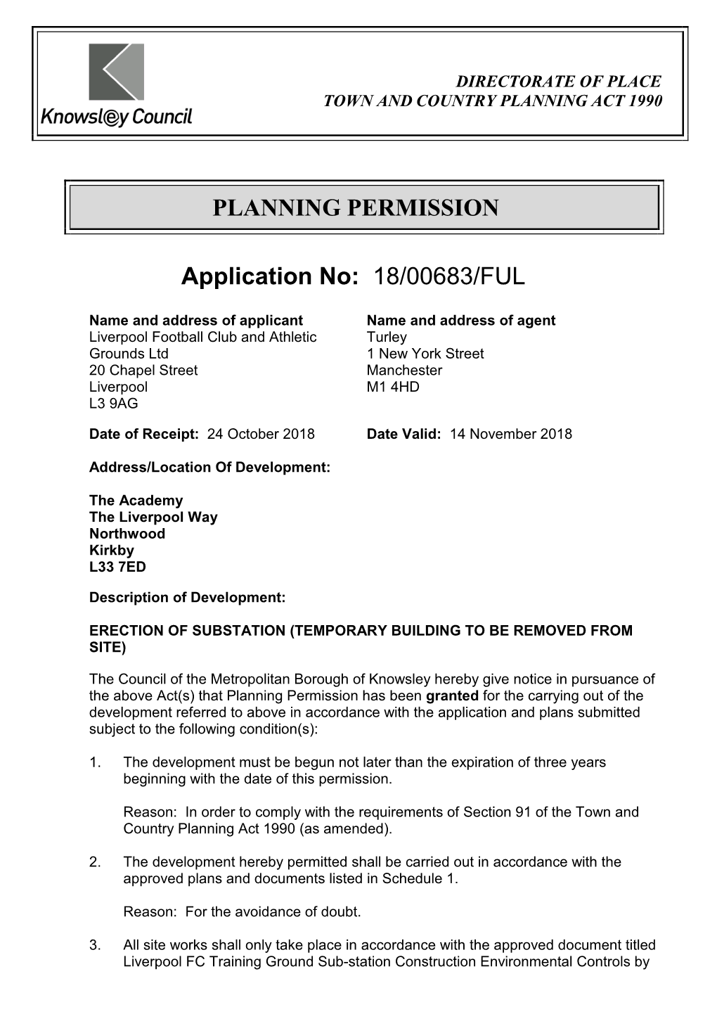 PLANNING PERMISSION Application No: 18/00683/FUL