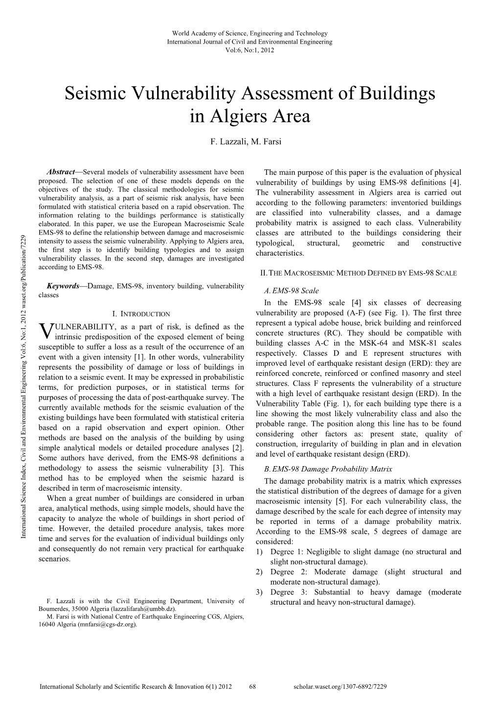 Seismic Vulnerability Assessment of Buildings in Algiers Area