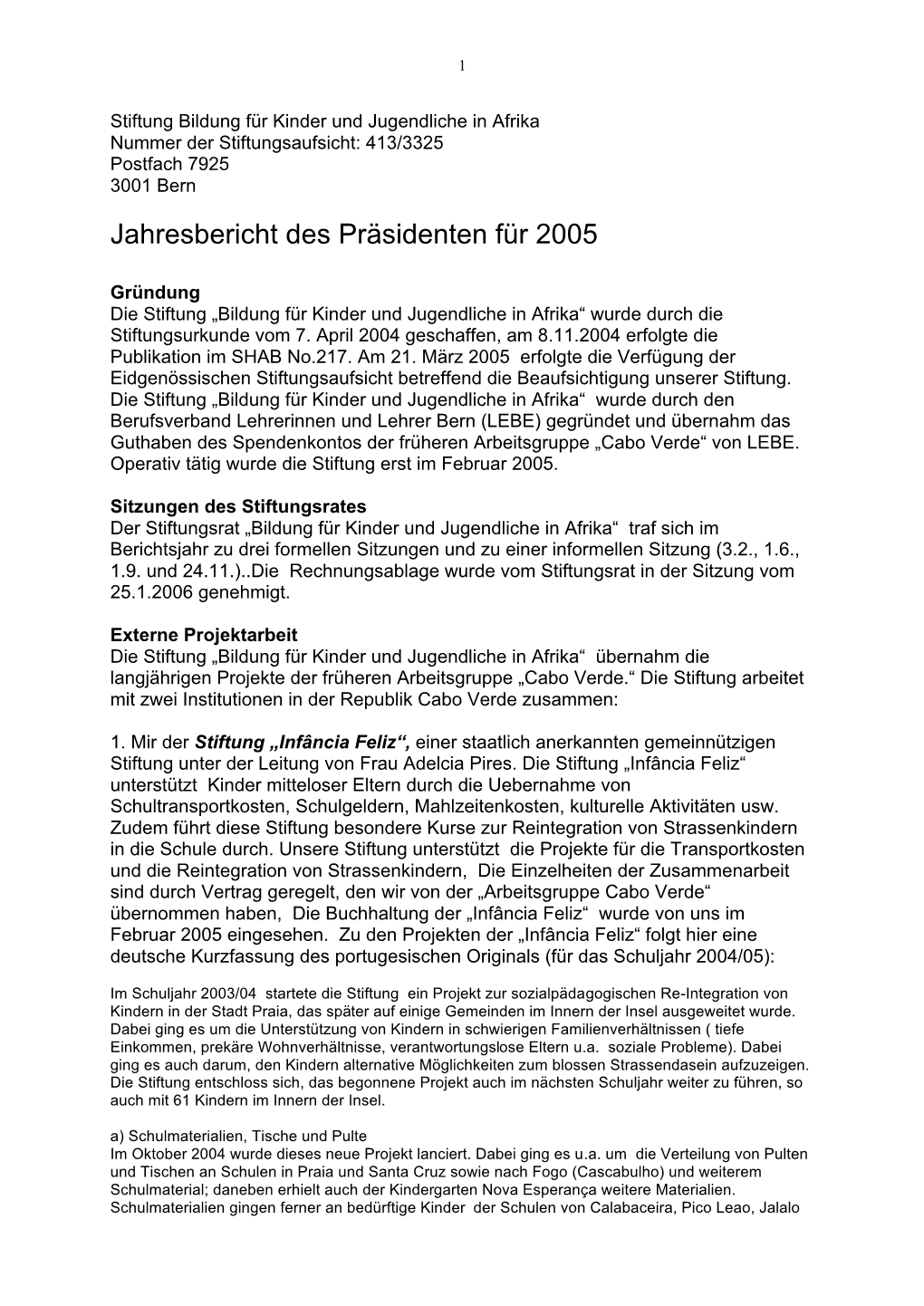 Jahresbericht Des Präsidenten Für 2005