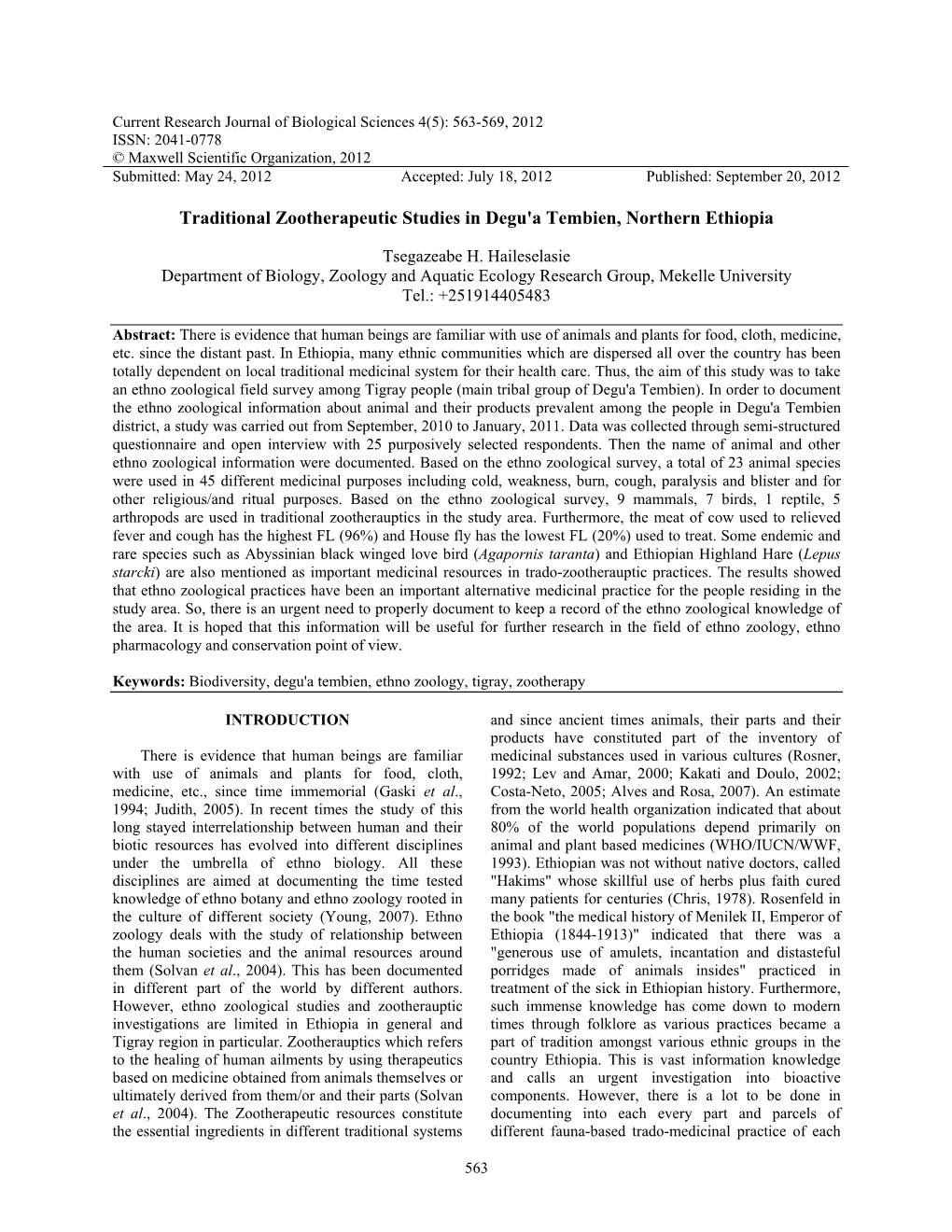 Traditional Zootherapeutic Studies in Degu'a Tembien, Northern Ethiopia