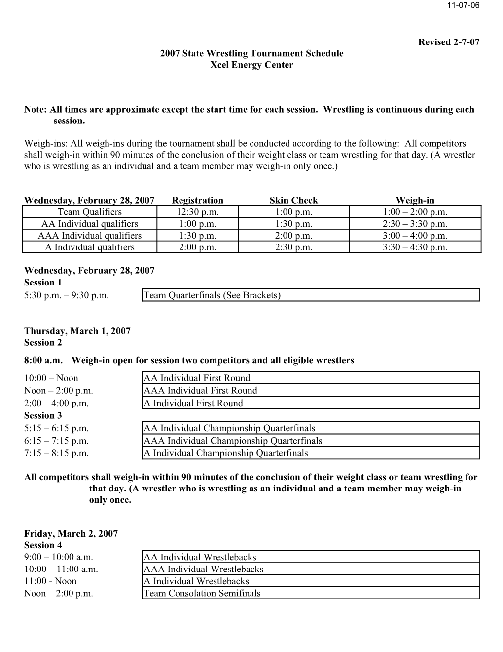 2005 State Wrestling Tournament Schedule