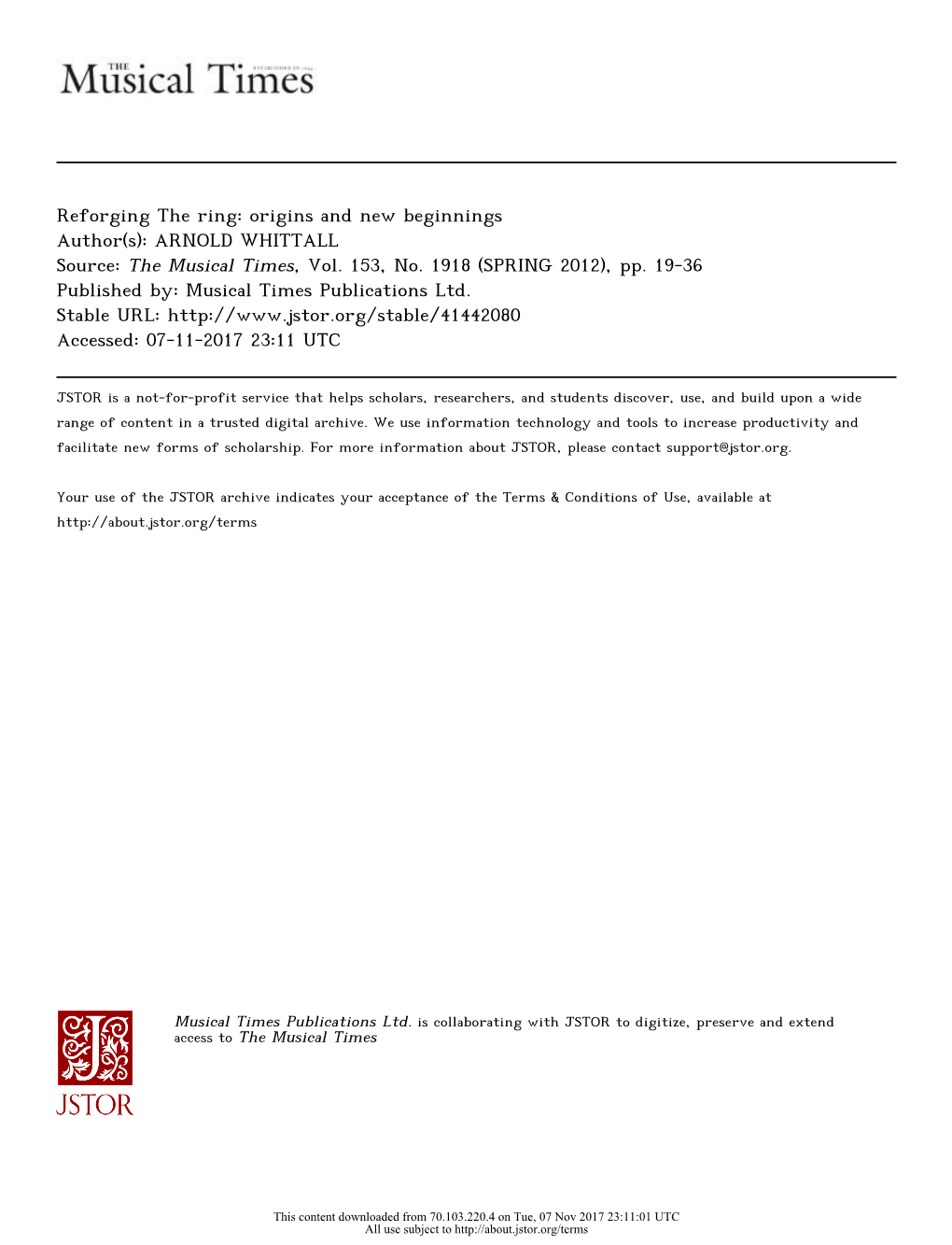 Reforging the Ring: Origins and New Beginnings Author(S): ARNOLD WHITTALL Source: the Musical Times, Vol