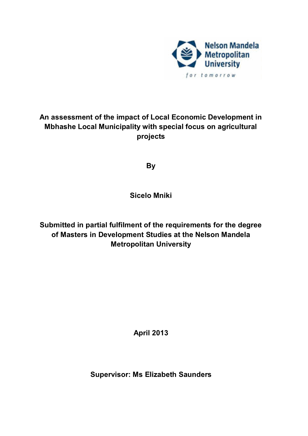 An Assessment of the Impact of Local Economic Development in Mbhashe Local Municipality with Special Focus on Agricultural Projects