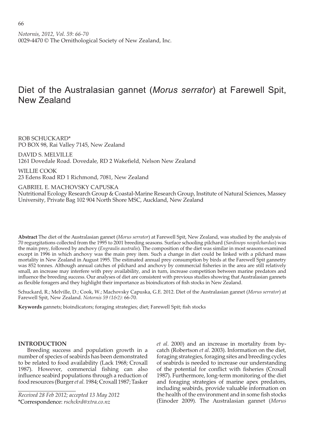 Diet of the Australasian Gannet (Morus Serrator) at Farewell Spit, New Zealand